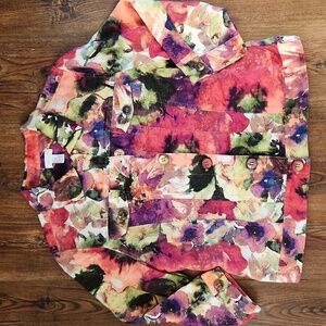 Chico's Atalia Watercolor Button Down Shimmer Floral Jacket NWOT Tags Size M 🎁